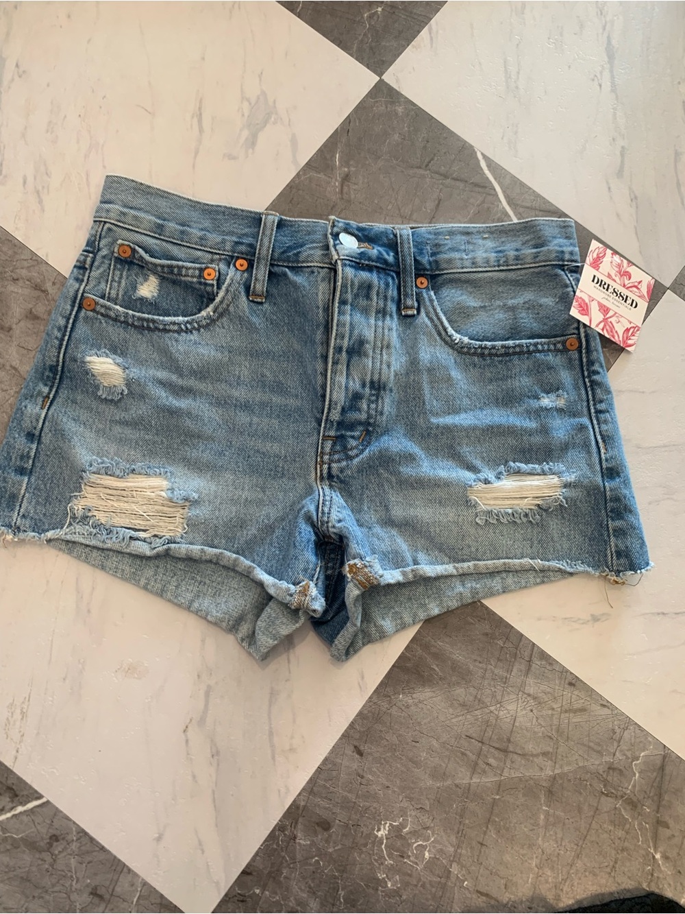 171 Madewell Light Blue Distressed Denim Shorties